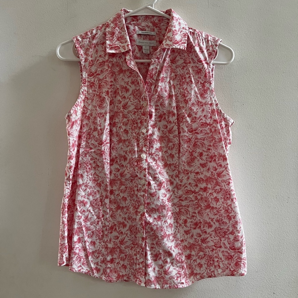 Charter Club Sleeveless Button Front Blouse Size 6 | Pink Toile Floral Top - Picture 2 of 5